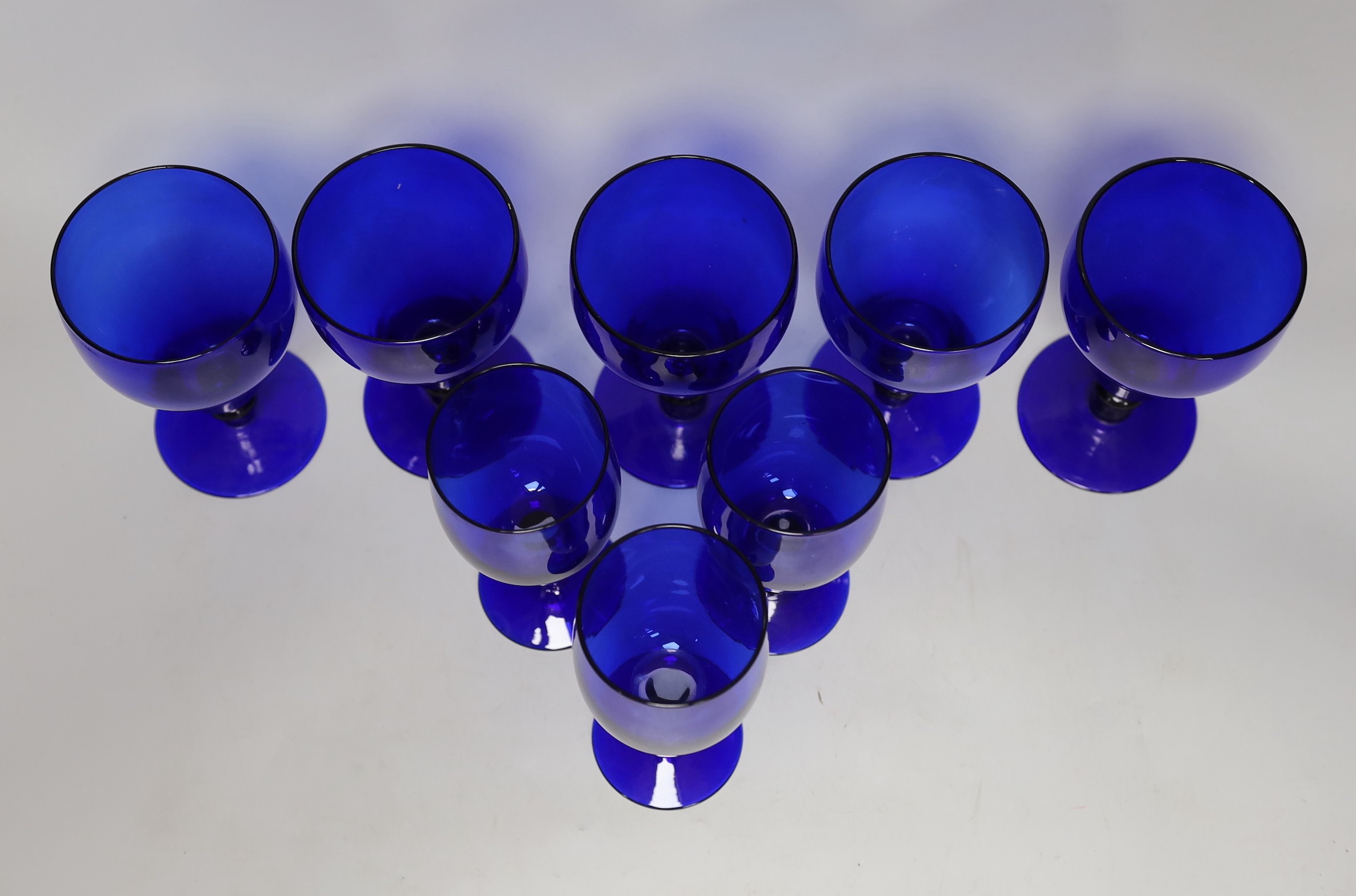 A set of five Bristol blue glasses and three others